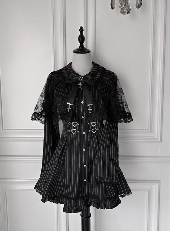 Striped Jirai Kei Dress, Black Lace Shawl (2XL L M XL) 44786:827980
