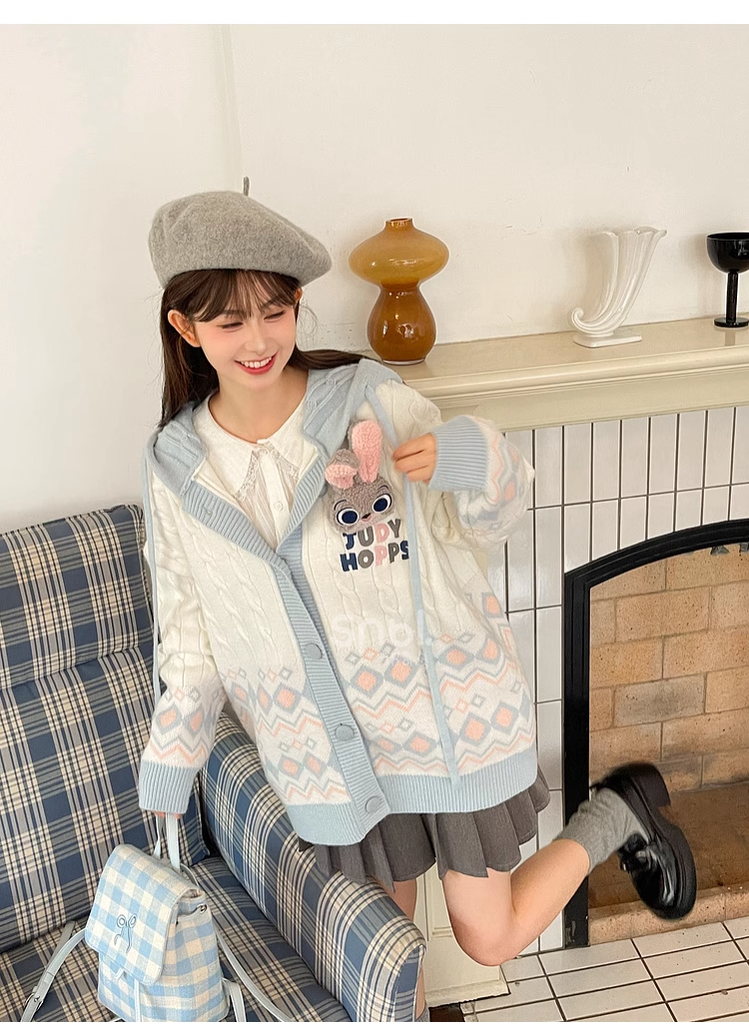 Mori Kei Sweater Bunny Fox Coat Plaid Knit Jacket 39272:643396