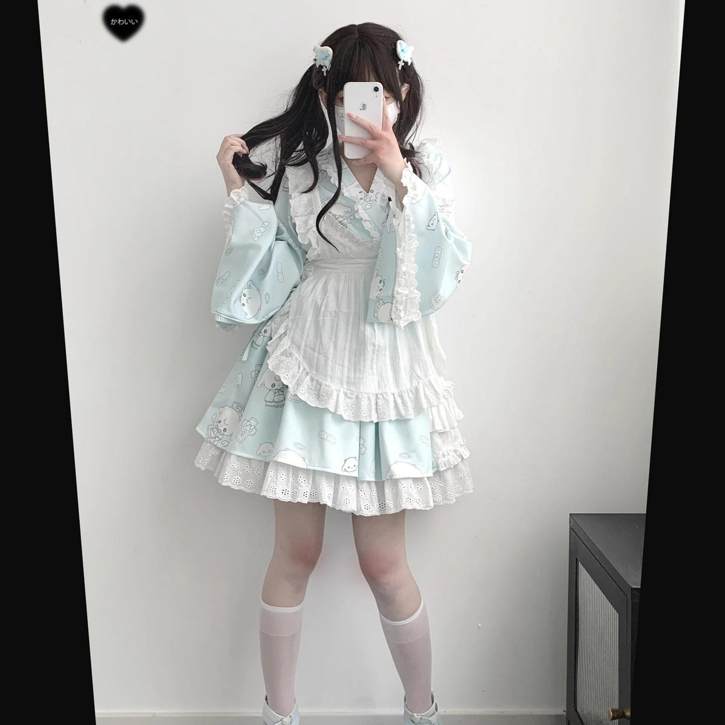 Tenshi Kaiwai Patchwork Skirt Kimono Top White Apron Three-Piece Set 36786:536910