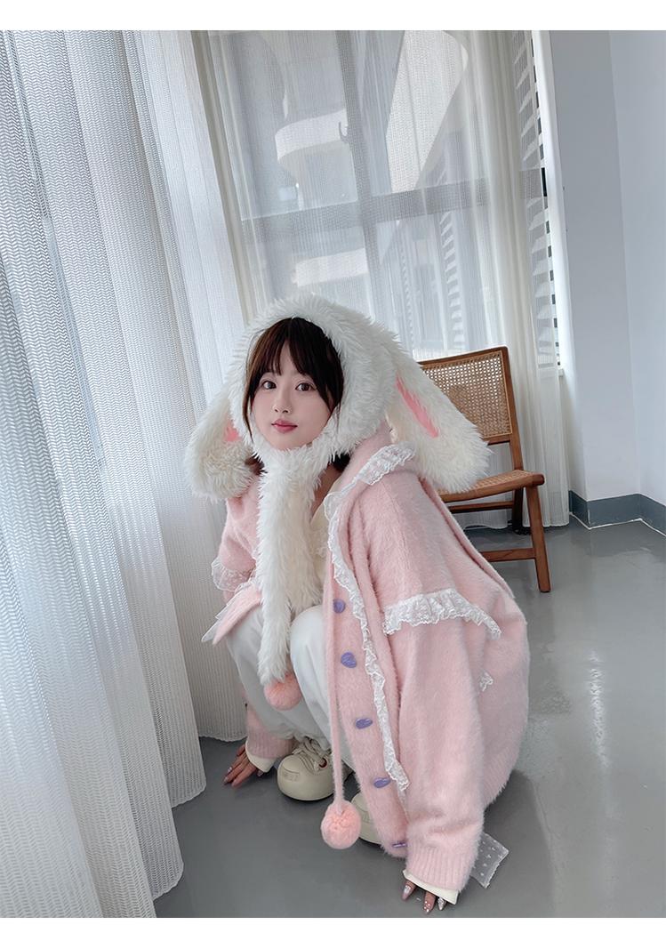 Kawaii Coat Sweater Bunny Ear Lace Knitted Hooded Cardigan 40338:665332