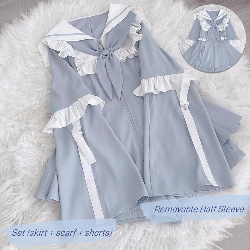Jirai Kei Set Up Blue Lace Dress And Shorts Set 37046:546732