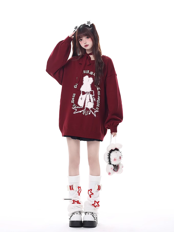 Kawaii Sweater Christmas Pullover Lantern Sleeve Sweater 39552:633090