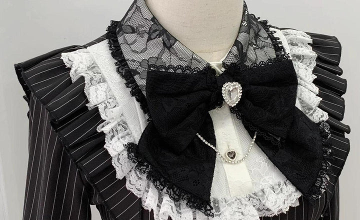 Black Striped Jirai Kei Set Up, Waist-cinching Dress 44921:828342