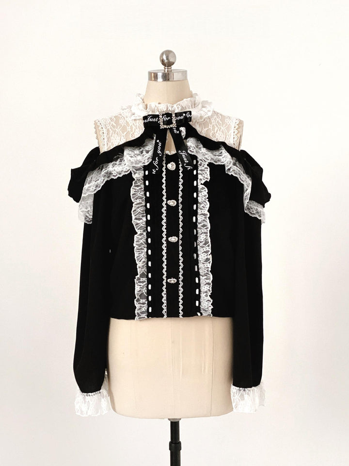 Lace Open-Shoulder Jirai Kei Blouse, Long Sleeves 44004:793137
