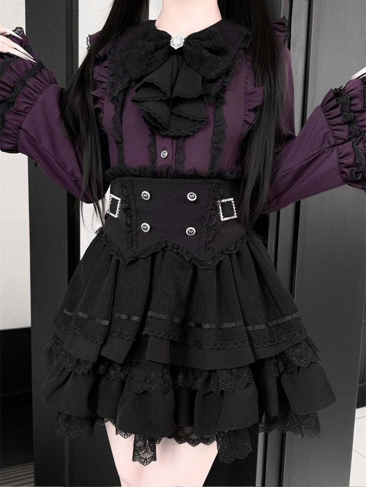 Jirai Kei Lace Blouse, High-Waist Tiered Skirt 44525:811445