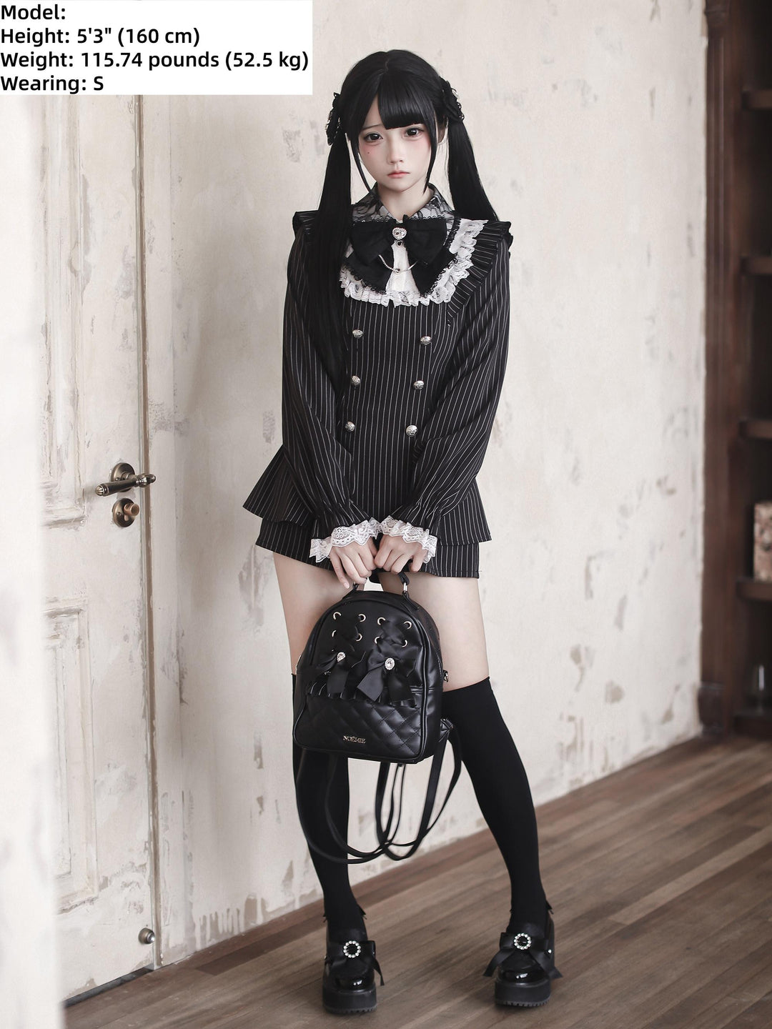 Black Striped Jirai Kei Set Up, Waist-cinching Dress 44921:828346