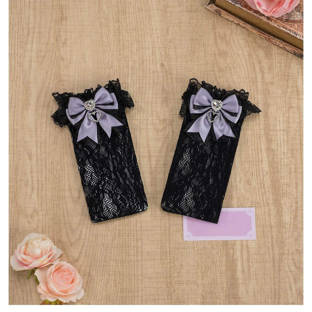 Jirai Kei Socks Heart Rhinestone Bow Lace Mid Calf Socks 39108:626358