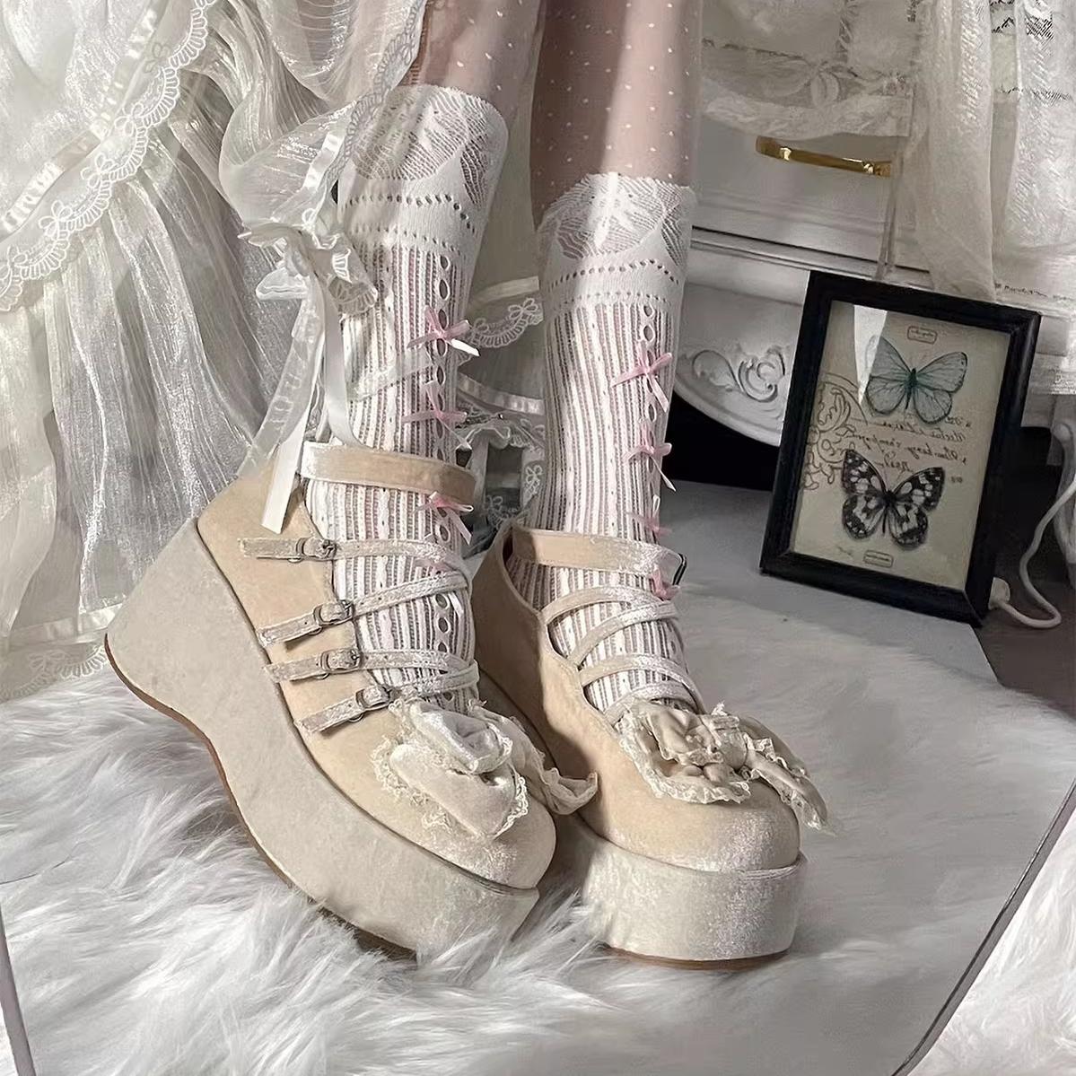 Lolita Shoes Velvet Platform Shoes Lace-up Mary Jane Shoes 37022:547538
