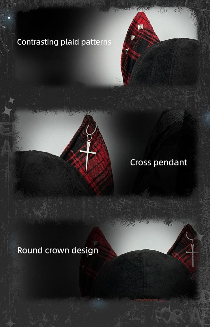 Punk Plaid Hat with Doberman Ears, Back Adjustable Strap 45431:849930