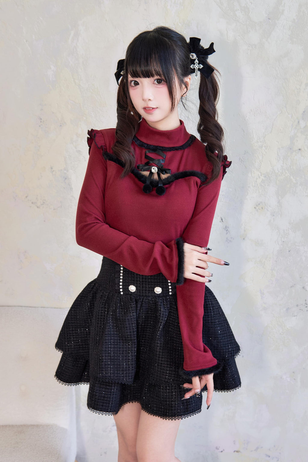 Jirai Kei Sweater Bow Decoration Knit Fleece Frill Top 41404:696686