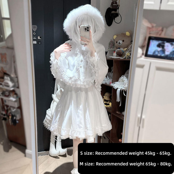 Jirai Kei Winter Cape, Lace Blouse, High-Waist Skirt (2XL 3XL 4XL L M S XL) 44199:808482