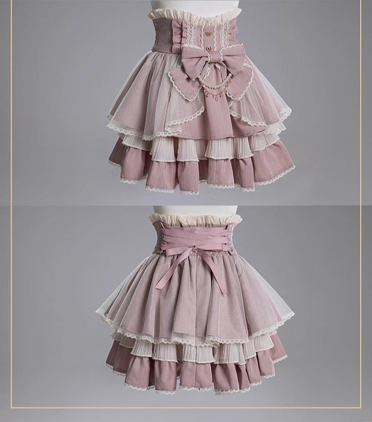Striped High Waist Jirai Kei Skirt, Detachable Bow 43679:782842
