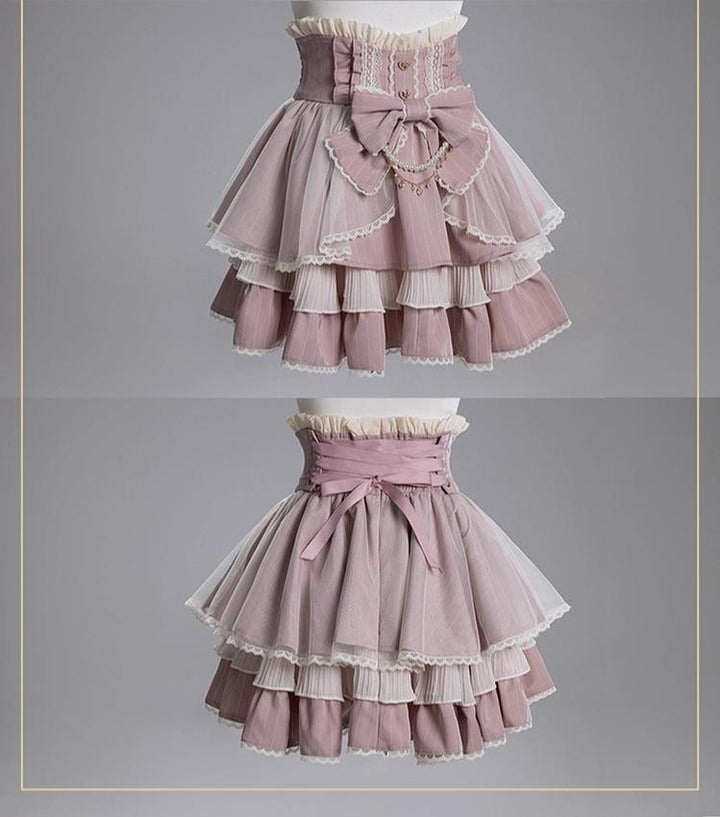Striped High Waist Jirai Kei Skirt, Detachable Bow 43679:782842