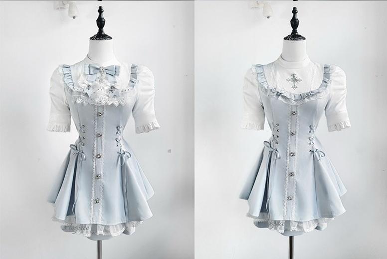 Short-sleeved Ryousangata Dress, Detachable Bowtie 43823:786774