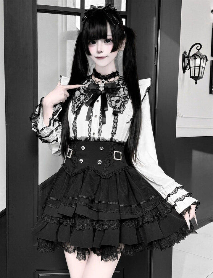 High-Waisted Jirai Kei Skirt, Lace Hem 44810:822759