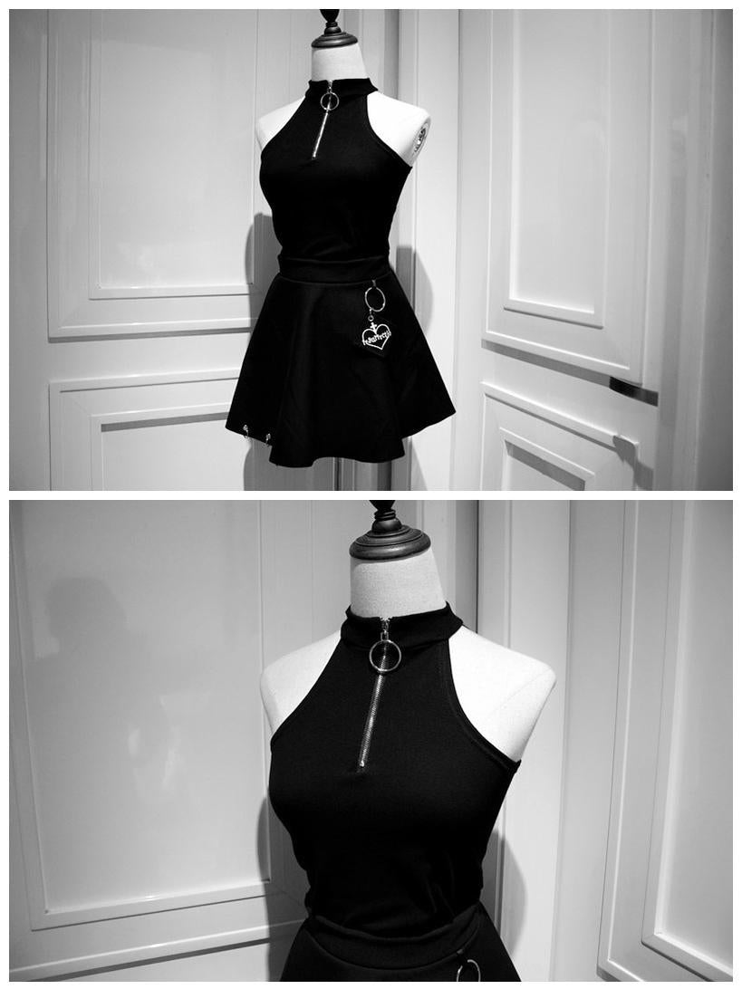 Gothic Style Crop Top High Neck Zipper Sleeveless Shirt 37474:560748