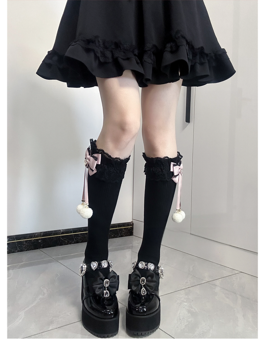 Jirai Kei Knee Socks Lace Bow Pom-Pom Mid-Calf Socks 40886:678952