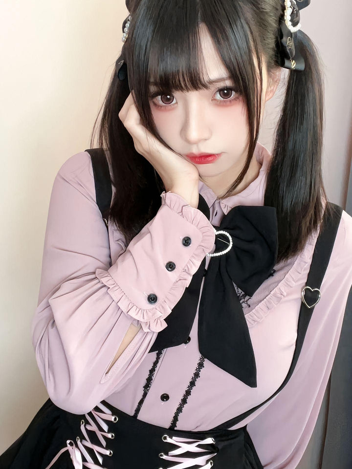 Jirai Kei Blouse Pink Blue Shirt Black Lace Up Skirt 21832:760682