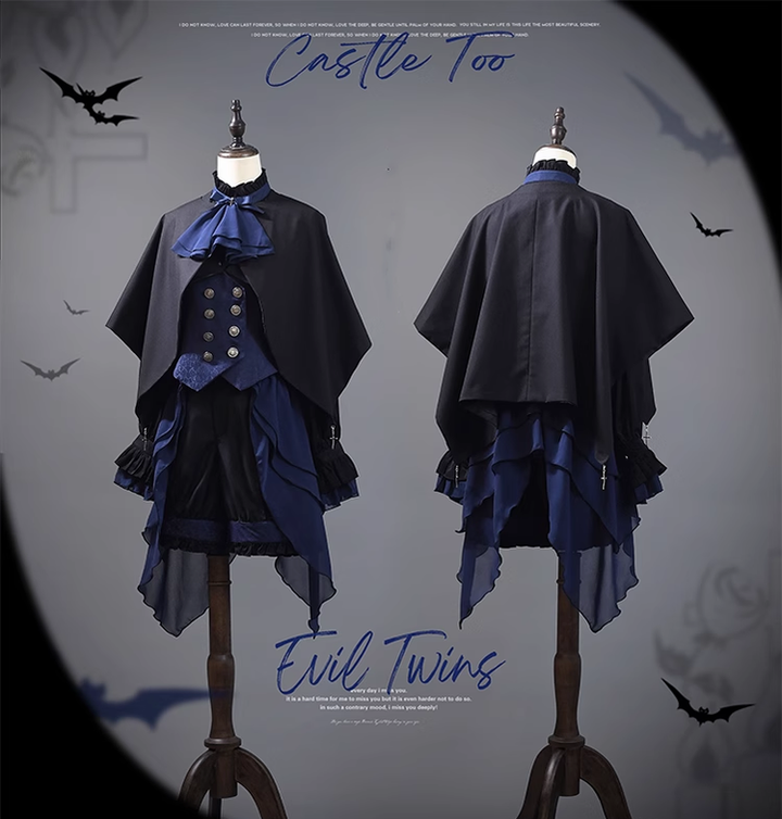 Ouji Lolita Prince Outfit Navy Blue Lolita Blouse Skirt Set 39360:633278