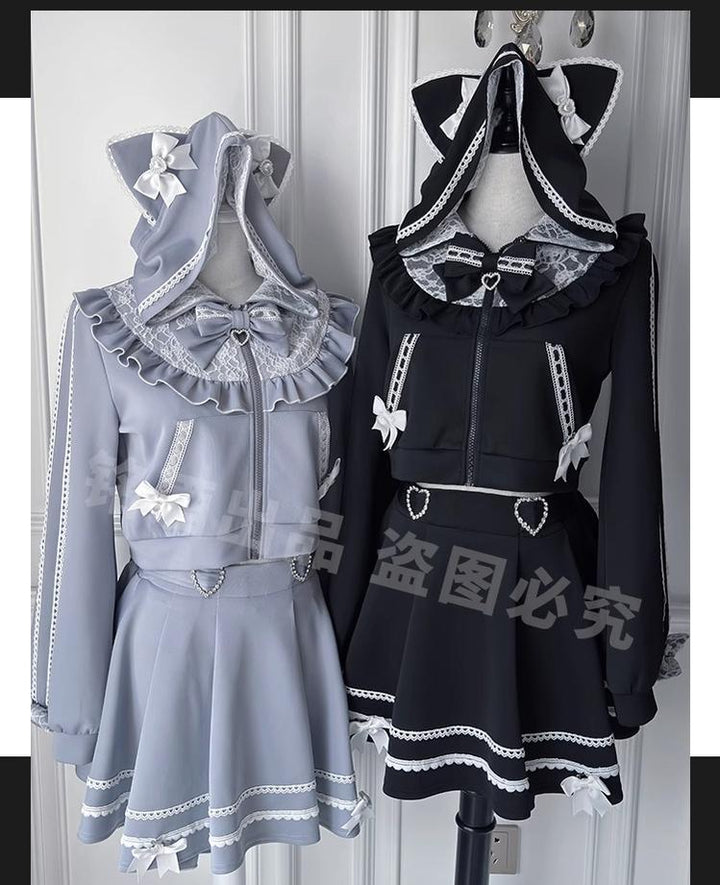 Cat Ear Jirai Kei Zip-Up Hoodie, Pleated Skirt 43809:786294