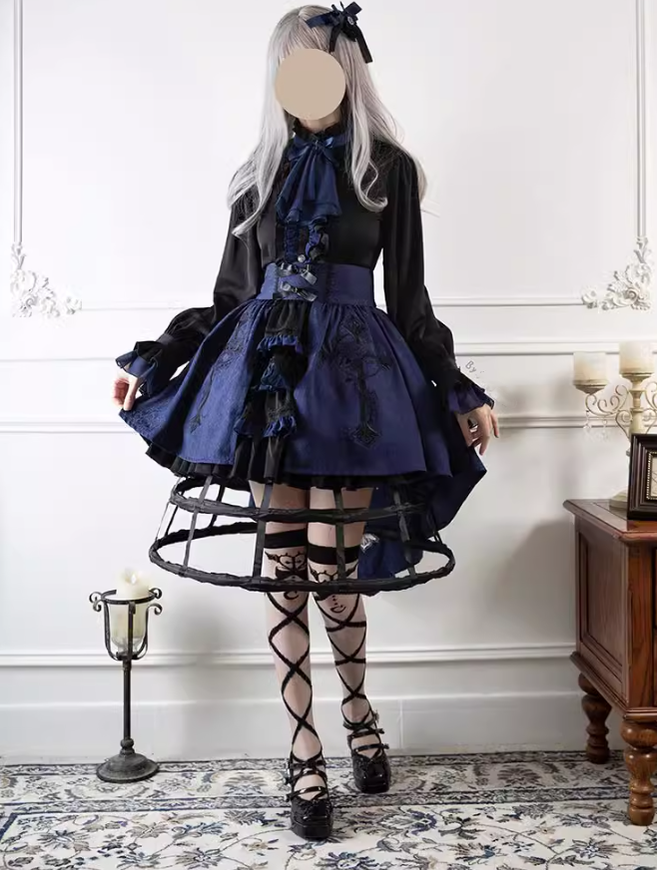 Ouji Lolita Prince Outfit Navy Blue Lolita Blouse Skirt Set 39360:633292