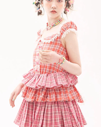 Sweet Lolita Dress Pink Plaid Dress Kawaii Layered Dress 36166:543400