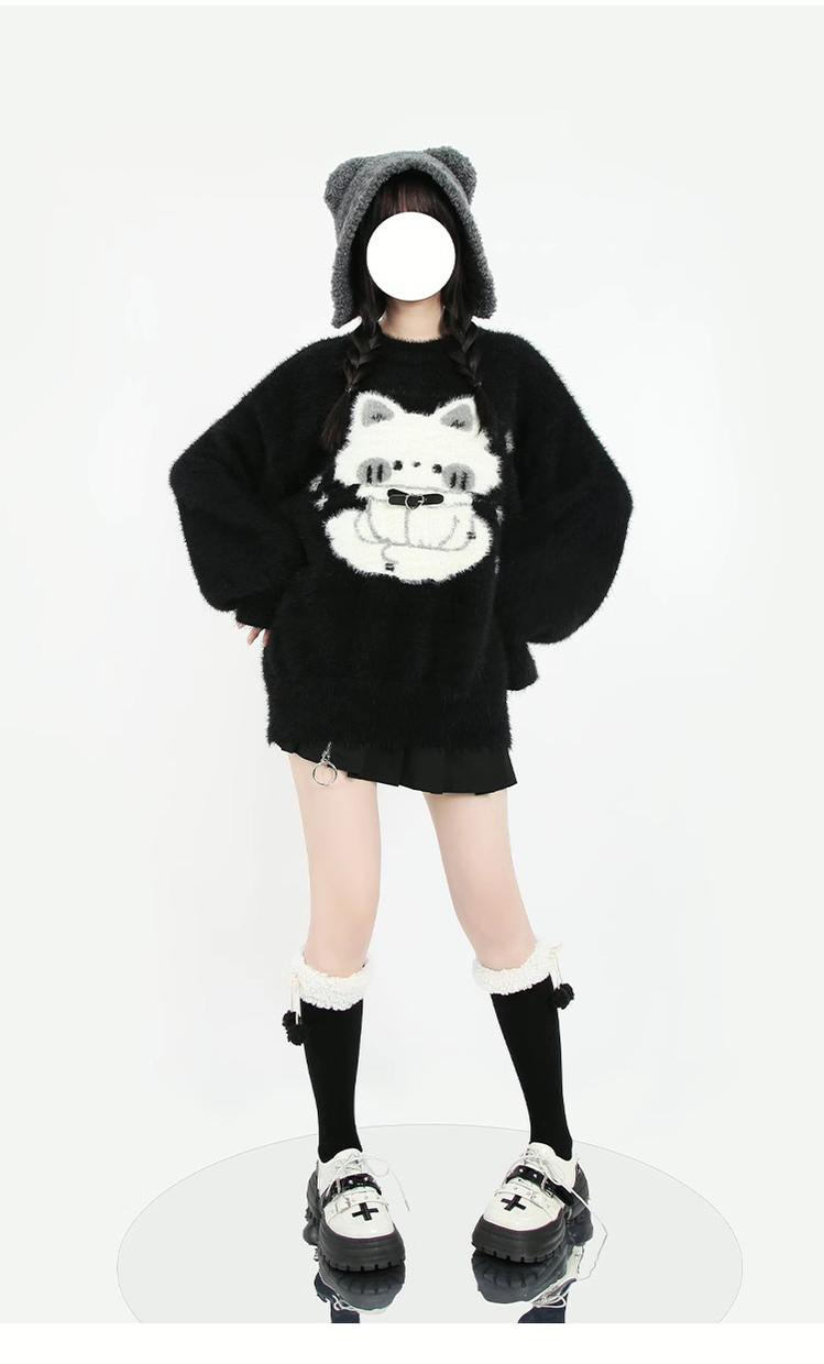 Kawaii Black Sweater Fluffy Voluminous Thickening Sweater 22752:326940