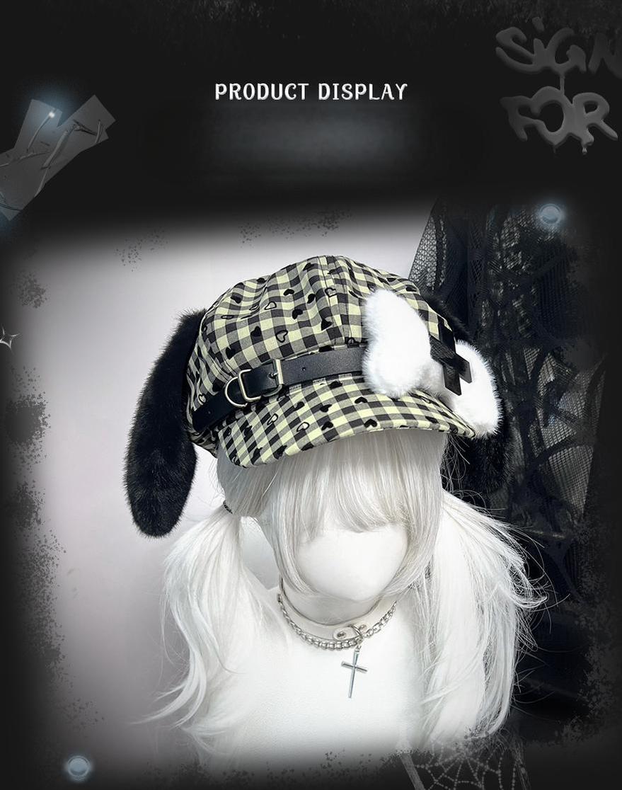 Subculture Beret Kawaii Puppy Ear Bone Plaid Hat 40952:696794