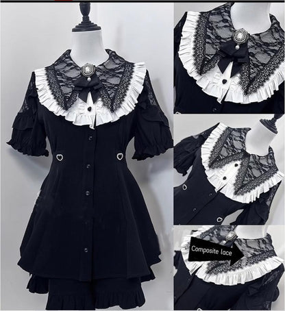 Jirai Kei Full Set Short Sleeve Puritan Collar Black Dress Set 37842:573642