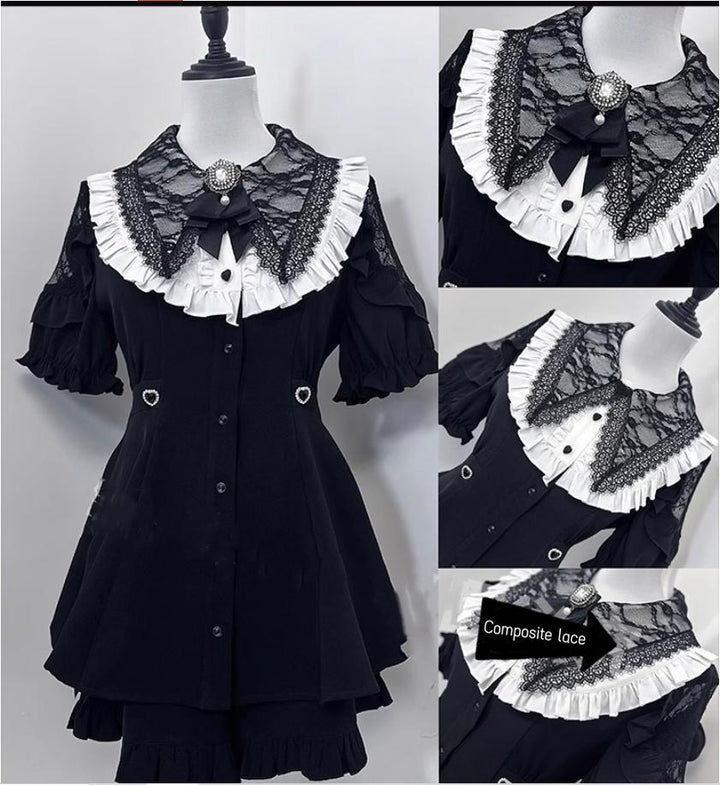 Jirai Kei Full Set Short Sleeve Puritan Collar Black Dress Set (XXL / Black) 37842:573642