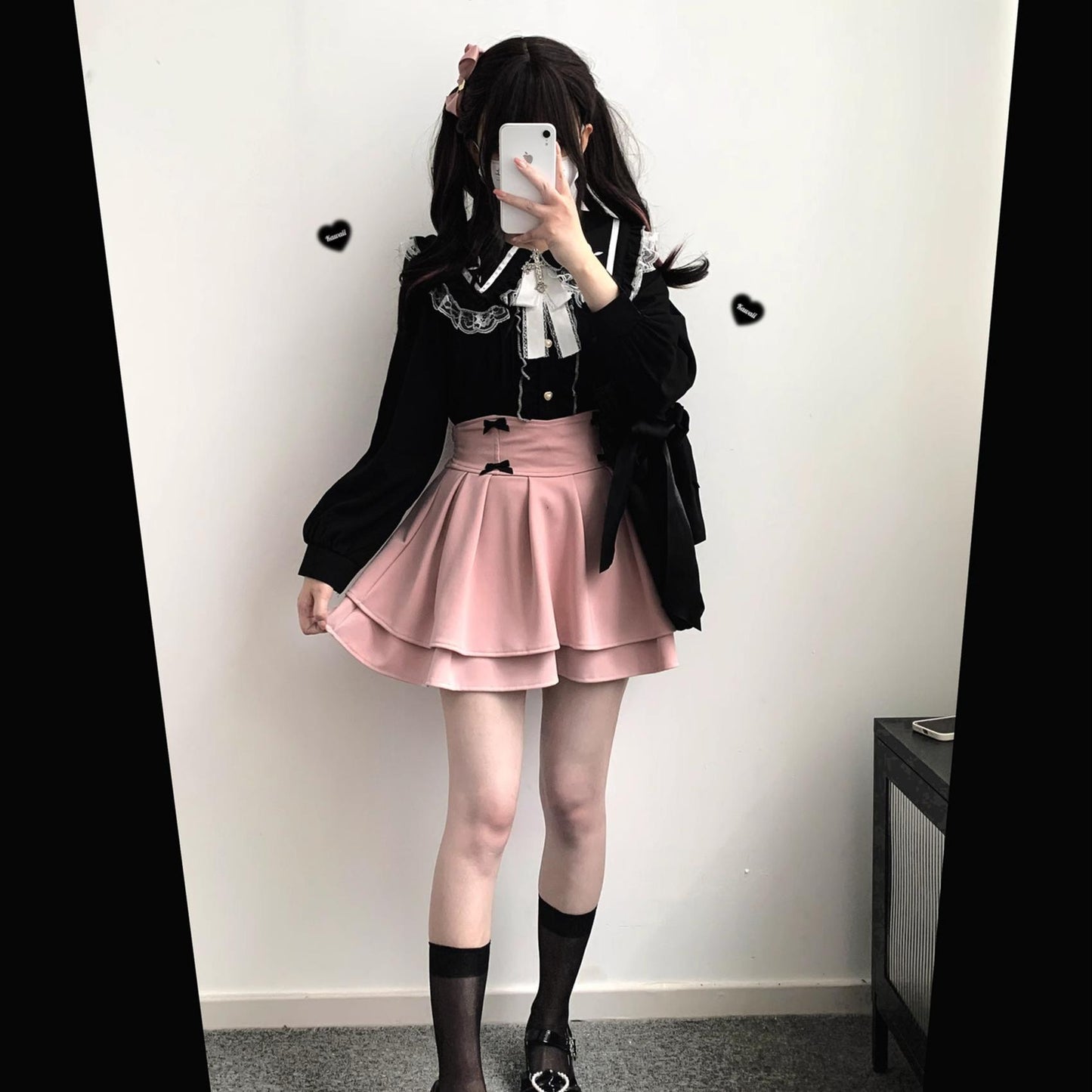 Jirai Kei Blouse Sailor Collar Shirt Cross Lace Long Sleeve Blouse (Black) 36780:537492