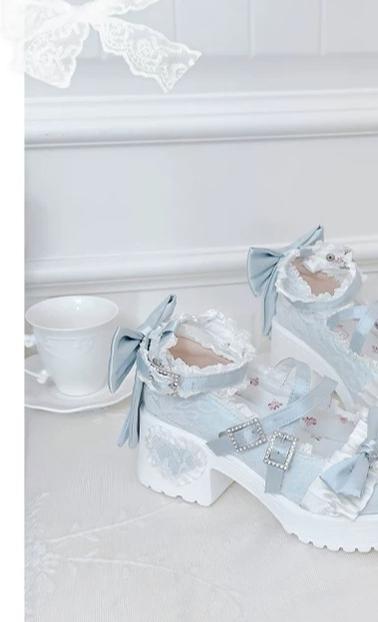 Classic Lolita Mary Jane Shoes, Lace Tulle & Ribbon Bow 46012:873468