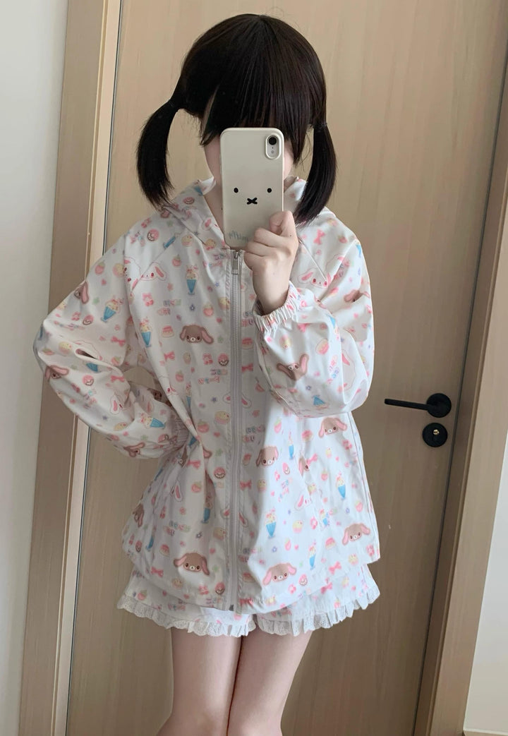 Kawaii Bunny Ears Jacket Set With Strawberry Bunny Prints 42900:760372