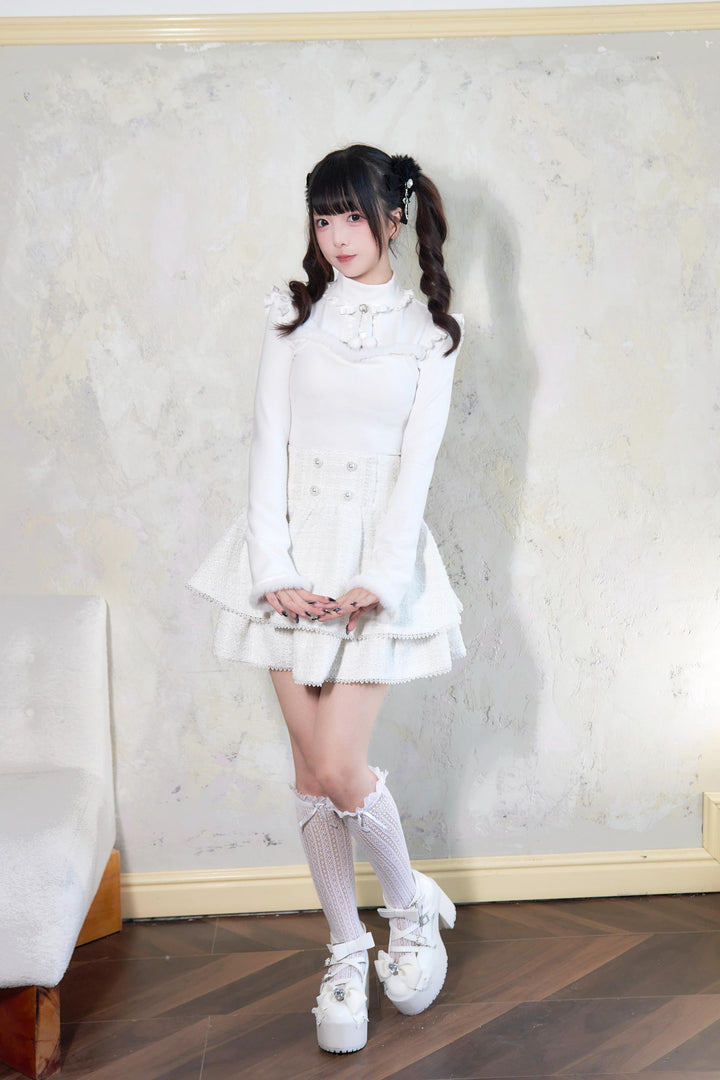 Jirai Kei Sweater Bow Decoration Knit Fleece Frill Top 41404:696660