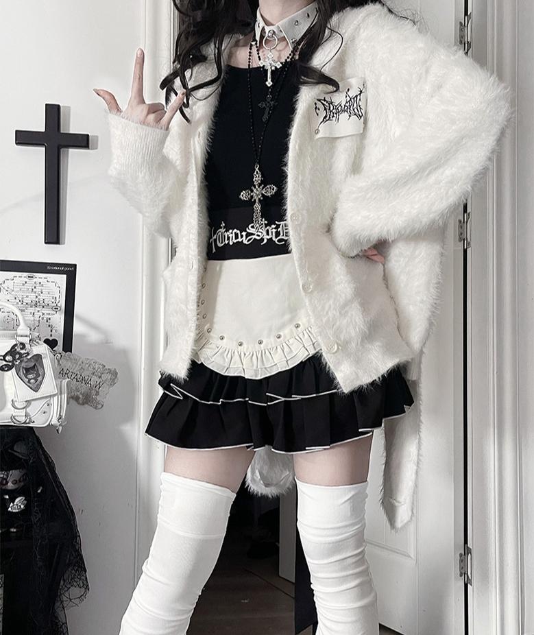White/Black Knitted Coat, Long Bunny Ear Hood 44334:804915