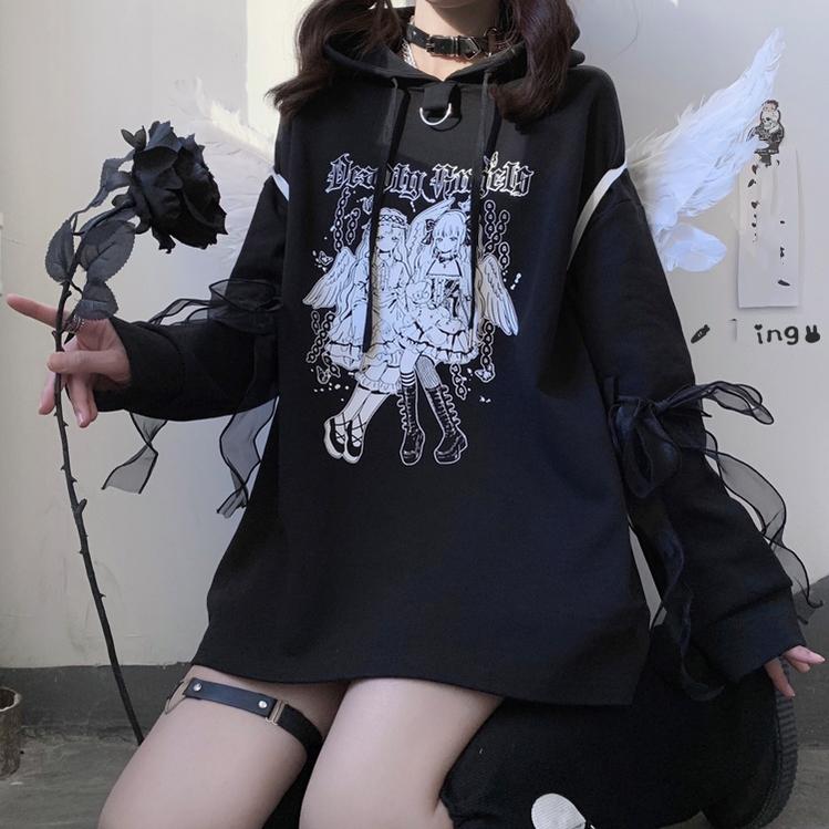Jirai Kei Hoodie Black Top Angel Printed Hoodie Lace Up 37572:563098
