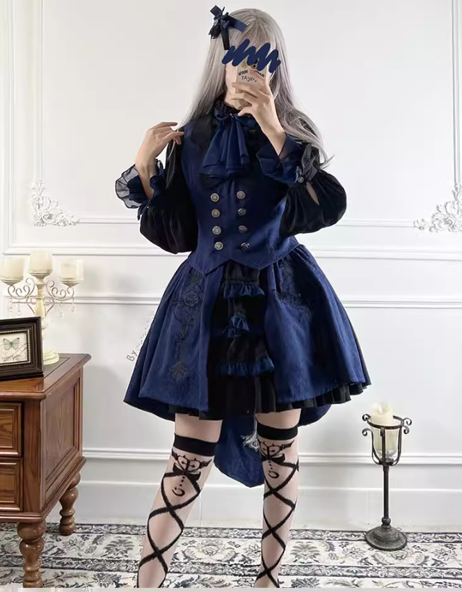 Ouji Lolita Prince Outfit Navy Blue Lolita Blouse Skirt Set 39360:633276