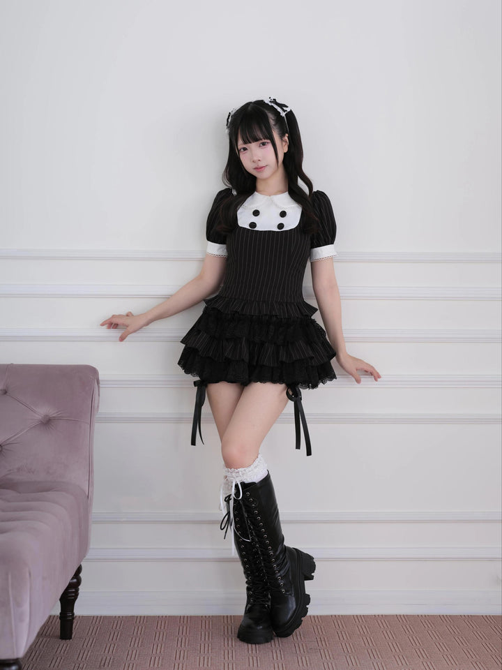 Jirai Kei Black Striped Top, Tiered Skort with Bows 45801:864163