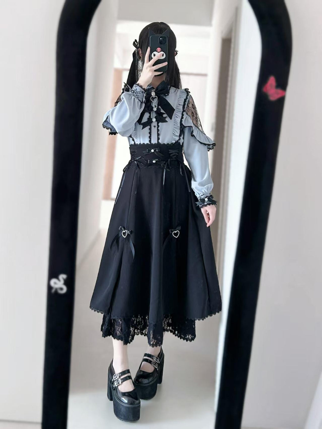 Jirai Kei Blouse Long Black Skirt Hight-waist Lace Up Skirt 41720:723978