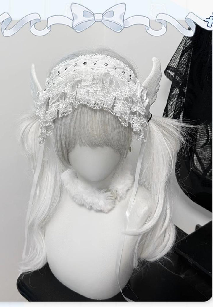 White Gothic Jirai Kei Hairband with Angel Wings and Rose 42322:737151