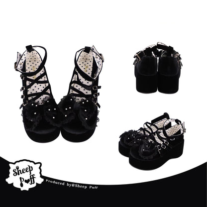 Lolita Shoes Velvet Platform Shoes Lace-up Mary Jane Shoes (Black / 34 35 36 37 38 39 40 41) 37022:544034