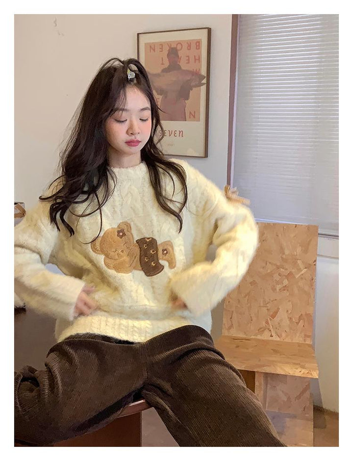 Kawaii Sweater Beige Little Bear Round Neck Sweater Winter 39798:646380