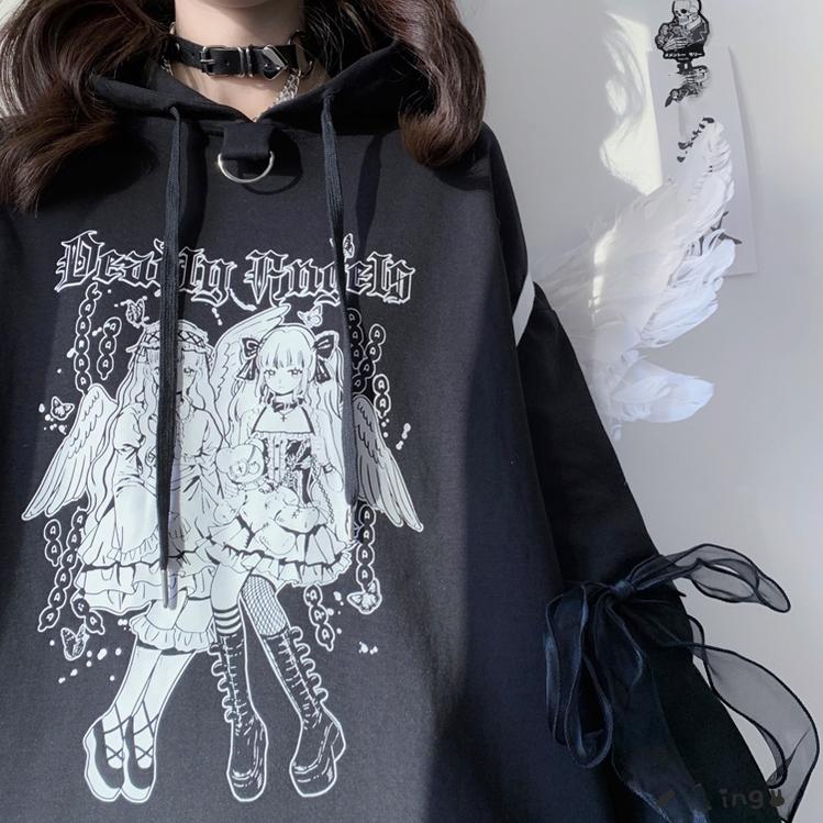 Jirai Kei Hoodie Black Top Angel Printed Hoodie Lace Up 37572:563120