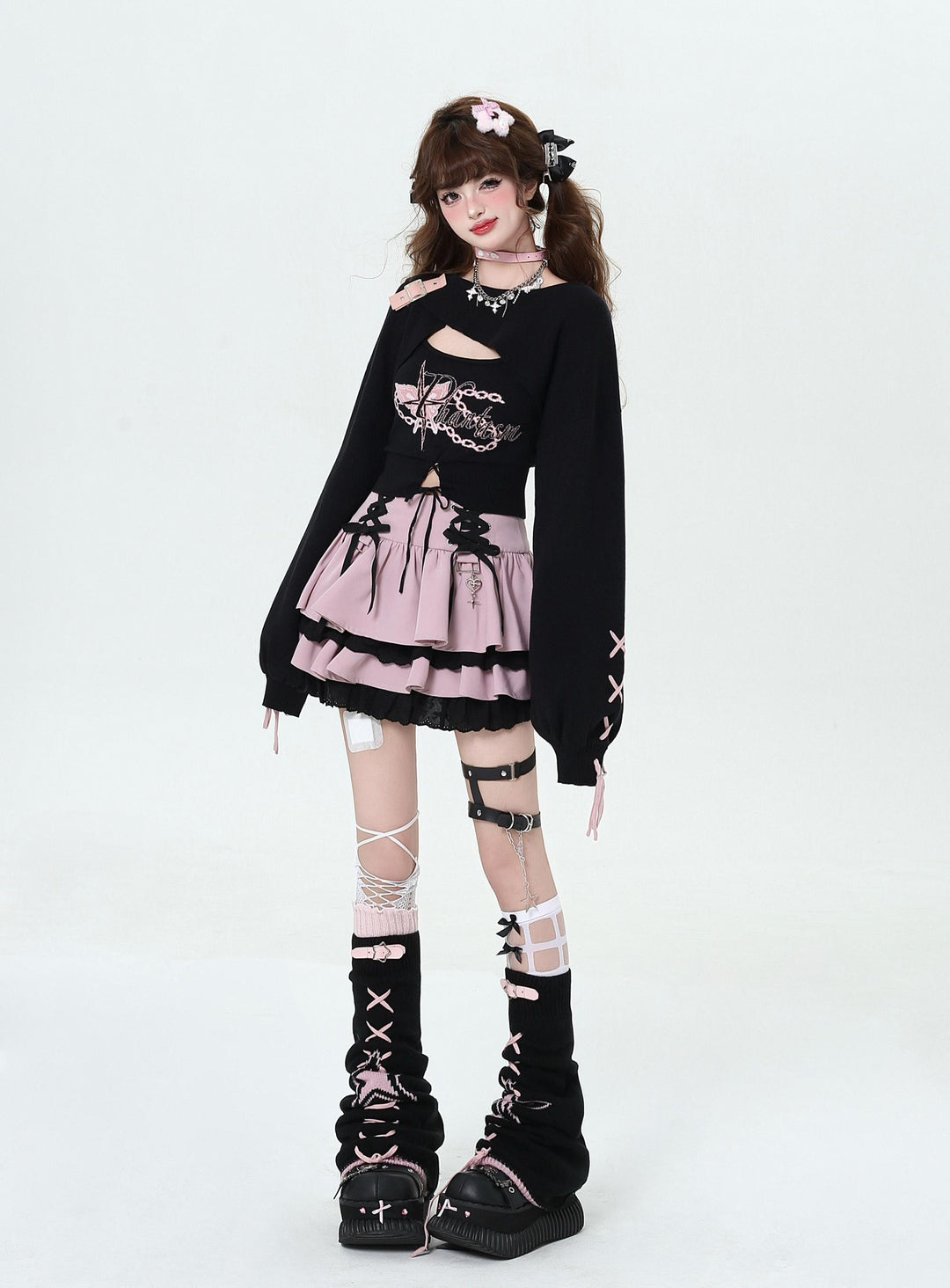 Gyaru Fashion Sweater Sexy Long-Sleeve Knitted Two-Piece Set 41788:719342