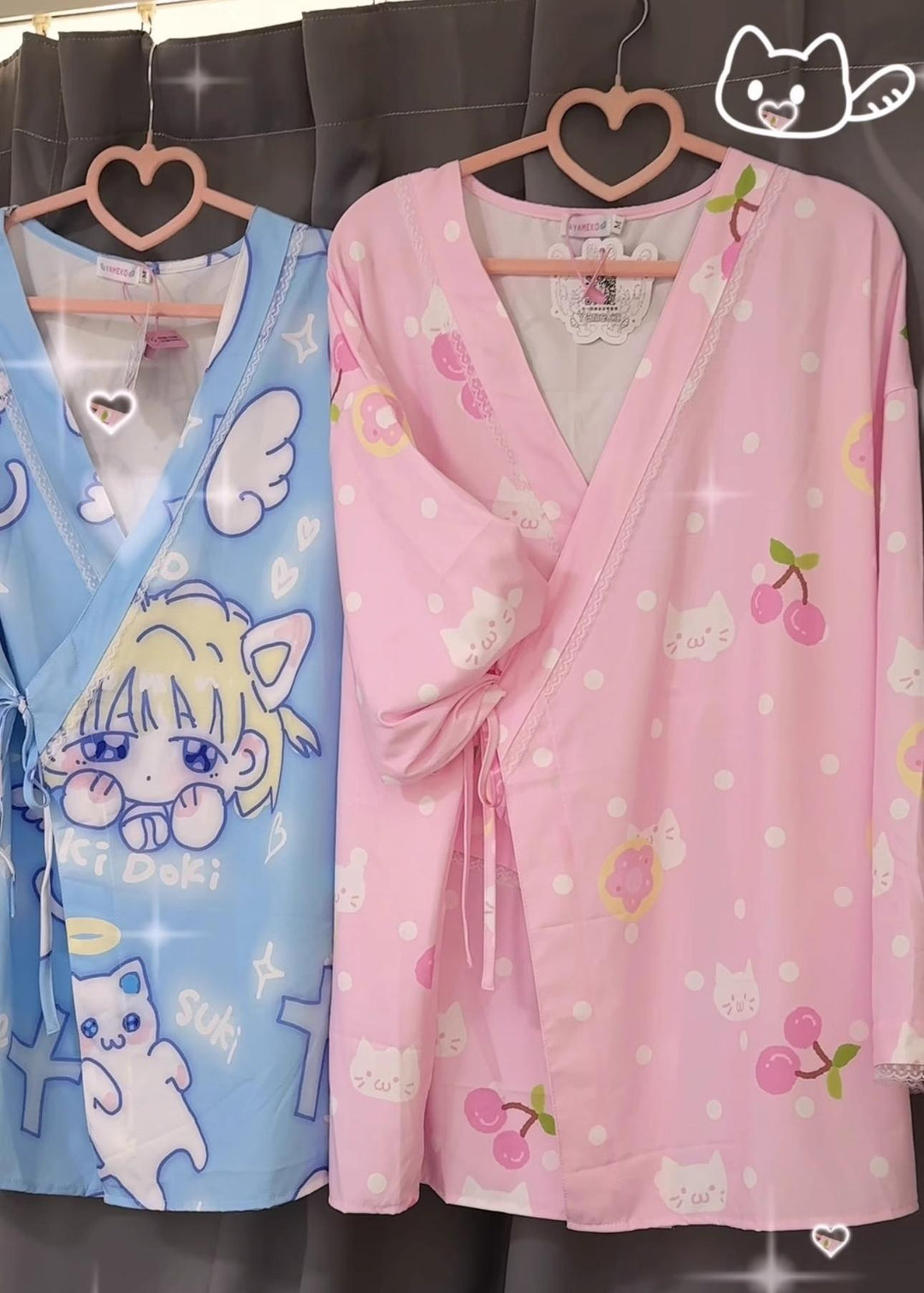 Kawaii Bathrobe Polka Dot Dress With Cat Angel Print 38222:592774