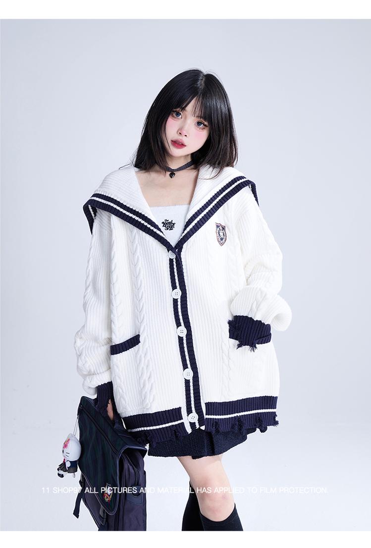 Preppy Cardigan Sailor Collar Sweater Embroidery Coat 40930:680552