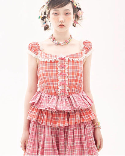 Sweet Lolita Dress Pink Plaid Dress Kawaii Layered Dress 36166:543406
