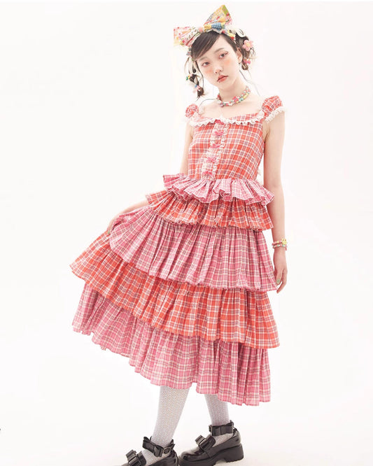 Sweet Lolita Dress Pink Plaid Dress Kawaii Layered Dress 36166:543396
