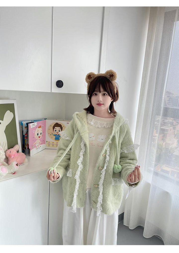 Kawaii Coat Sweater Bunny Ear Lace Knitted Hooded Cardigan 40338:665352