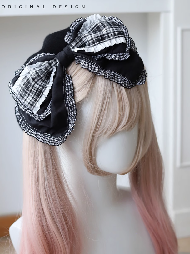 Lolita Beret Retro Bow Hat Black And White Plaid Hat 39650:635560